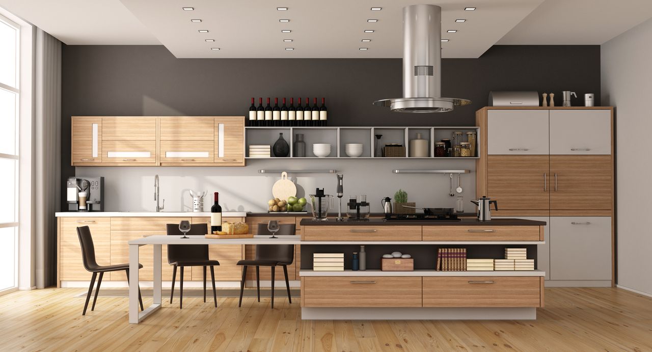 Two-tone wood and gray island kitchen with bar seating and integrated cabinetry