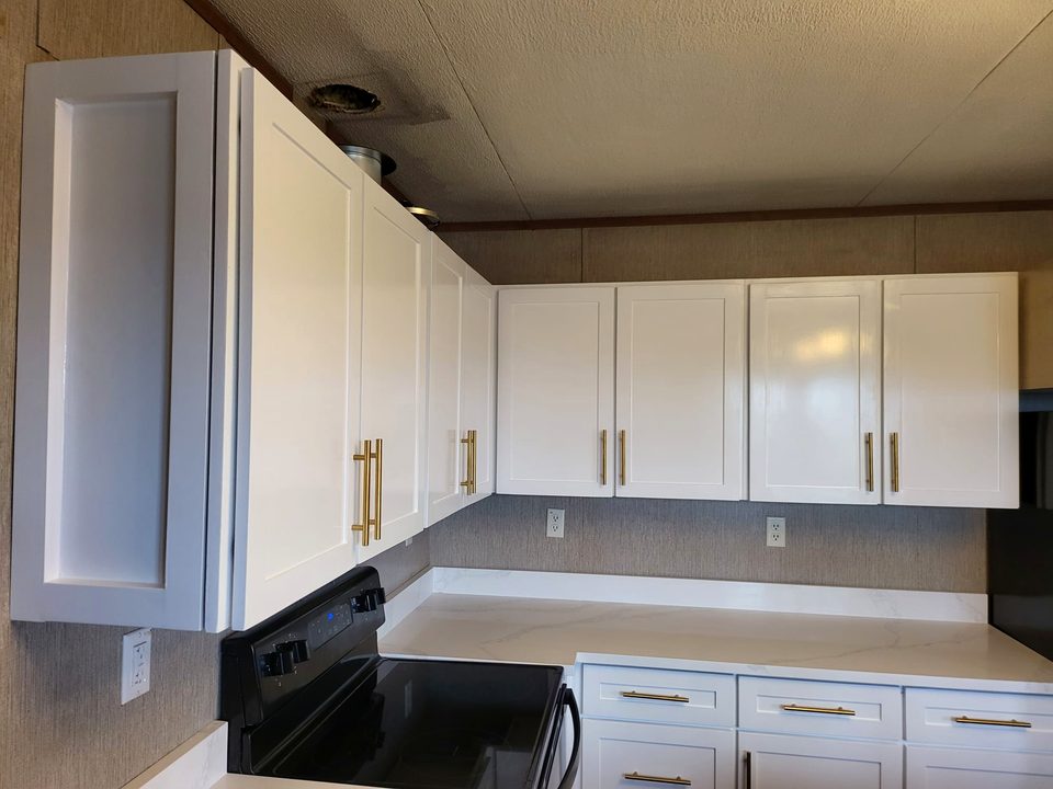 White shaker cabinets with brass handles